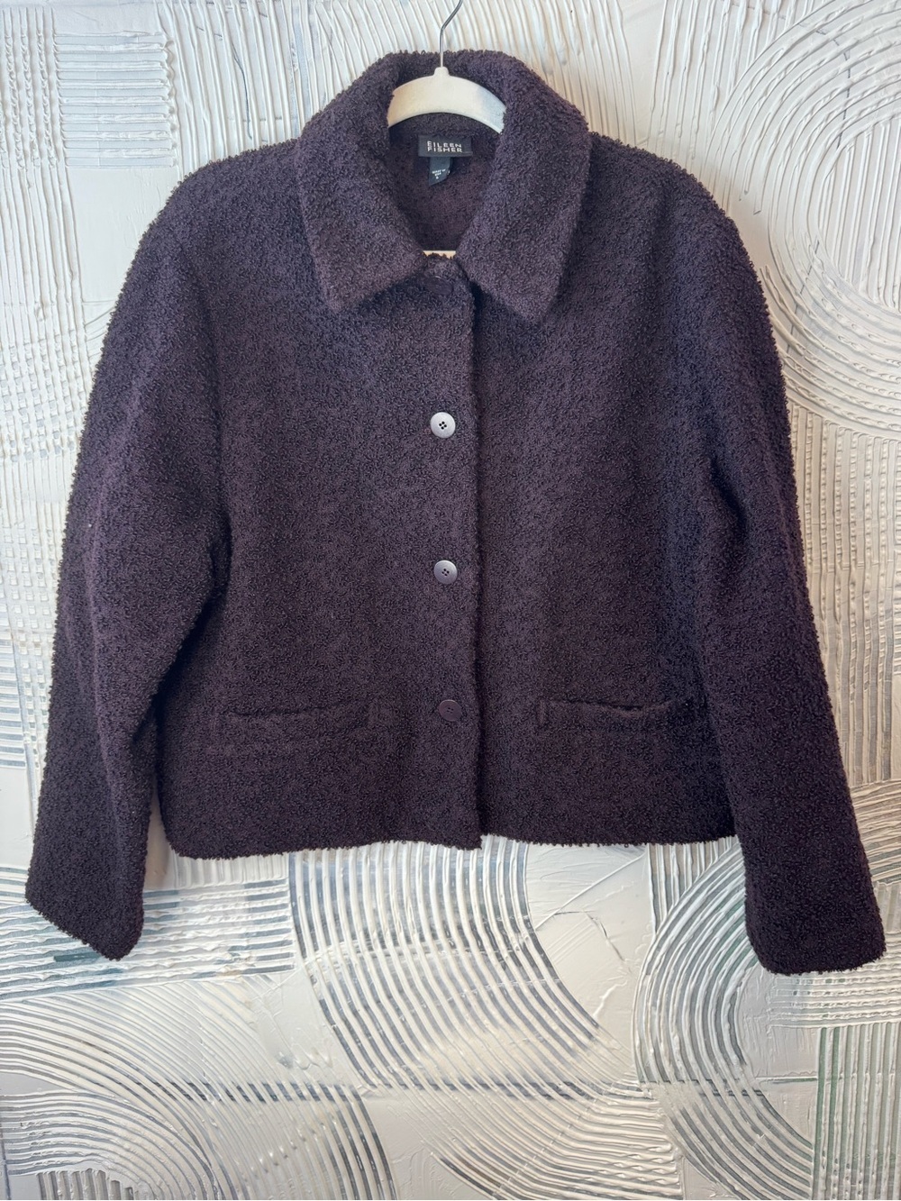 Vintage Eileen Fisher Dark Brown Teddy Button-Front Wool Jacket